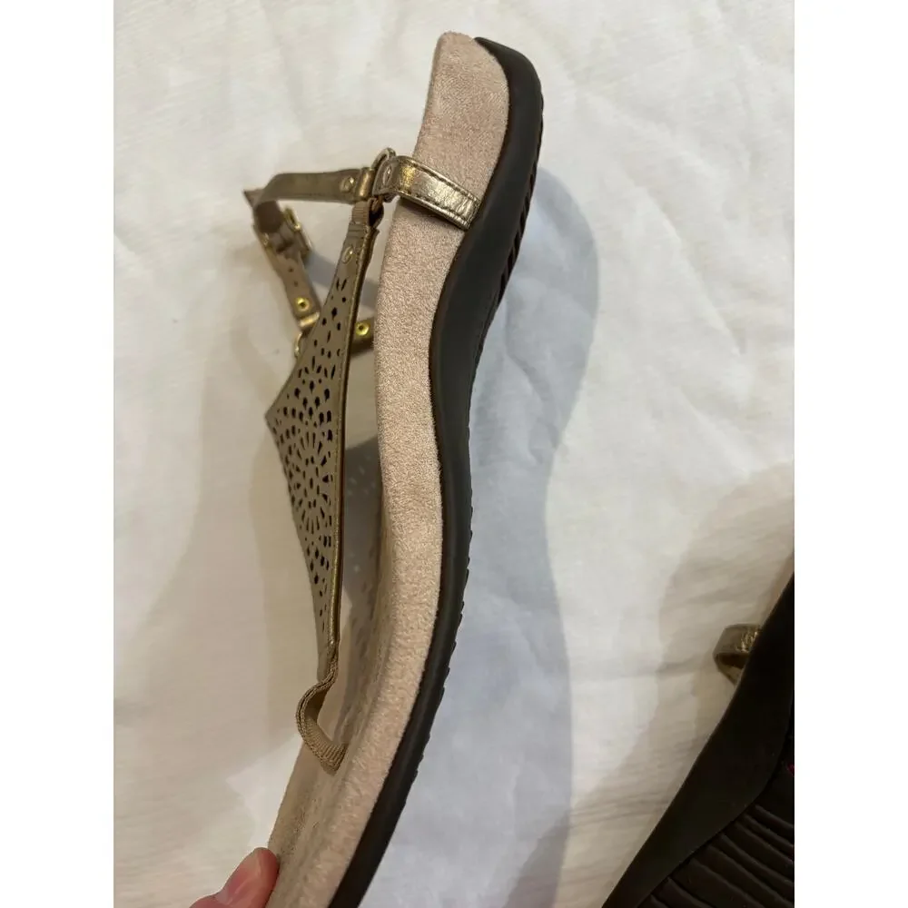 Vionic Kirra Sandals Gold Perforated Leather Thong Slingback Arch Support 10